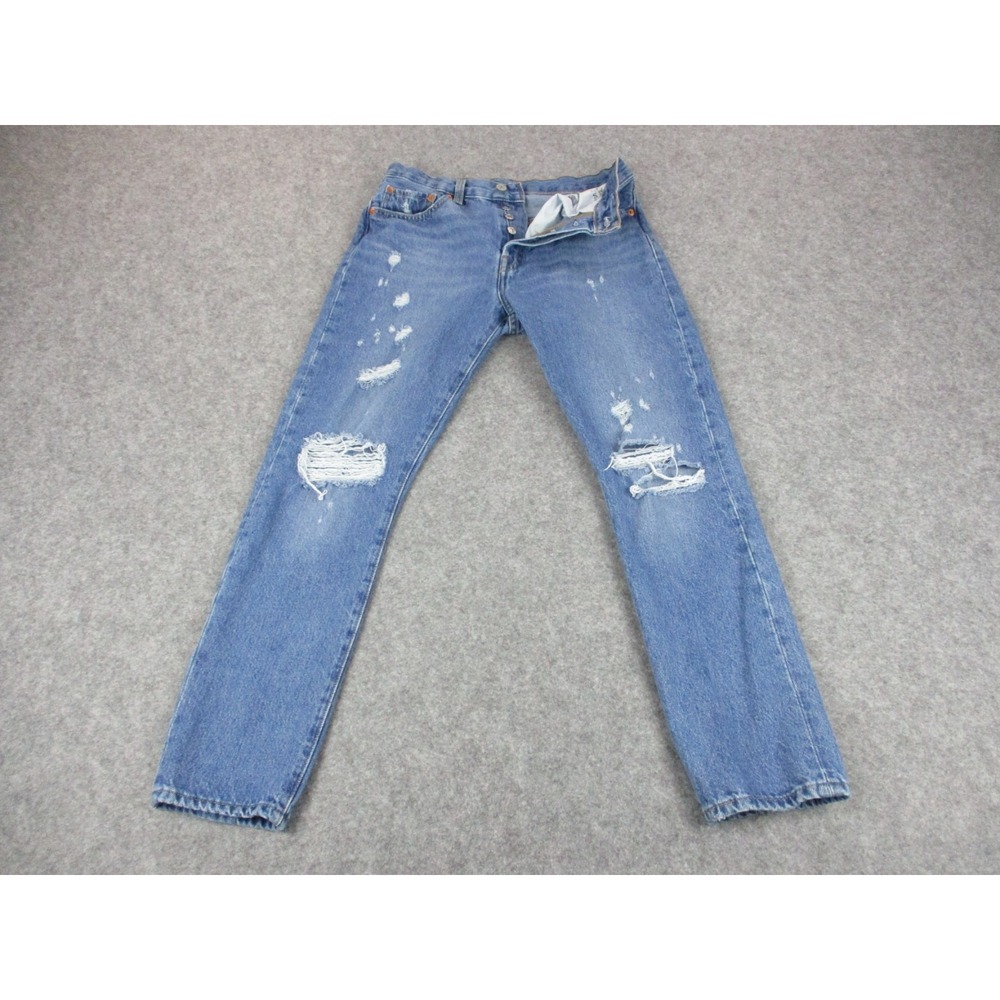 Levis 501 Jeans Womens 27x28 Blue Premium Big E Denim Medium Distressed Straight